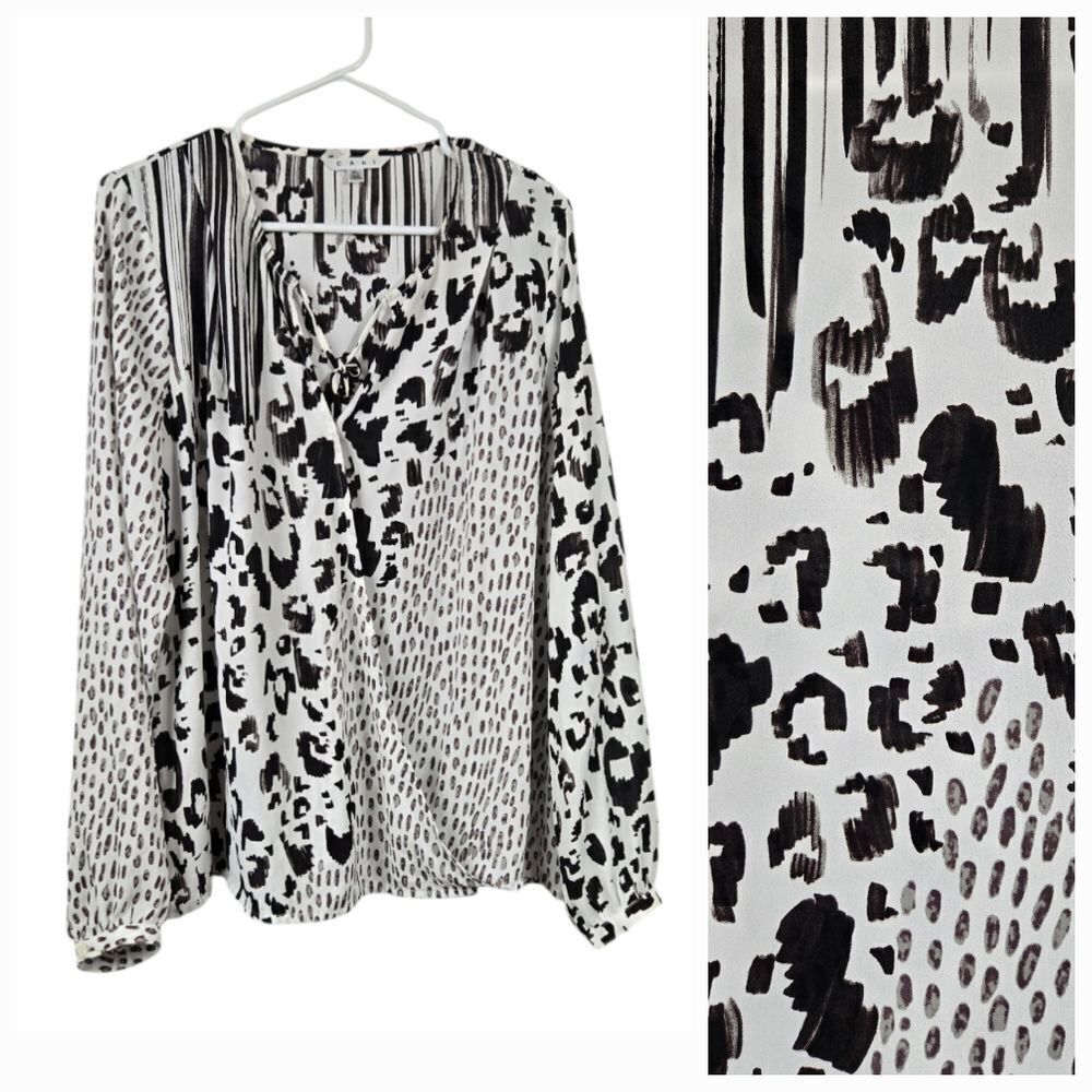 CAbi White Mixed Animal Print Faux Wrap Long Sleeve Blouse Snow Leopard Spots